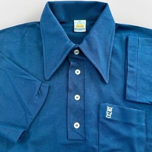 Vintage Grants Polo Shirt Mens Medium Blue Owl Logo Butterfly Collar 60s 70s
